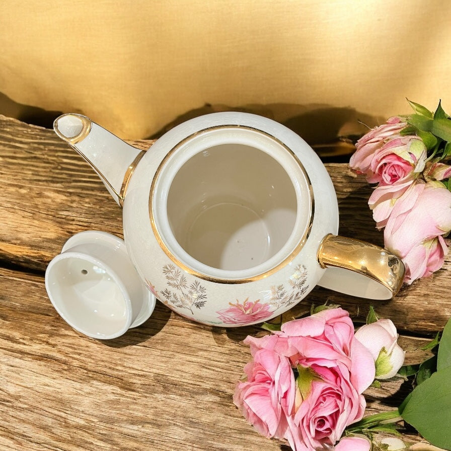 Vintage Teapot - Ferns & Pink Roses (Sadler, England)