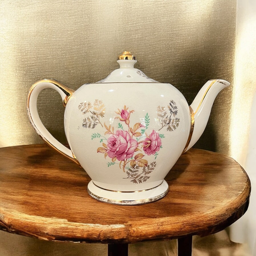 Vintage Teapot - Ferns & Pink Roses (Sadler, England)