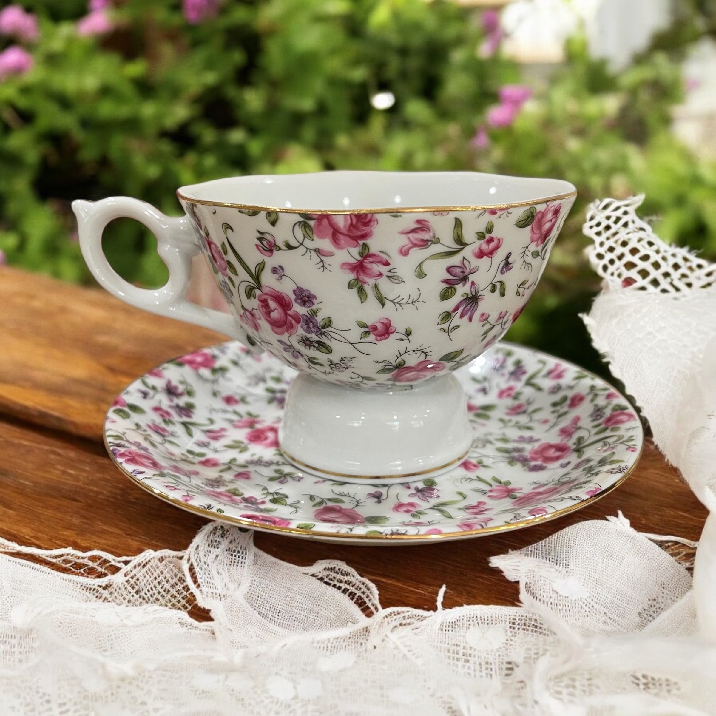 Vintage Mug & Saucer - Rose Chintz Music Box (Lefton, Japan)