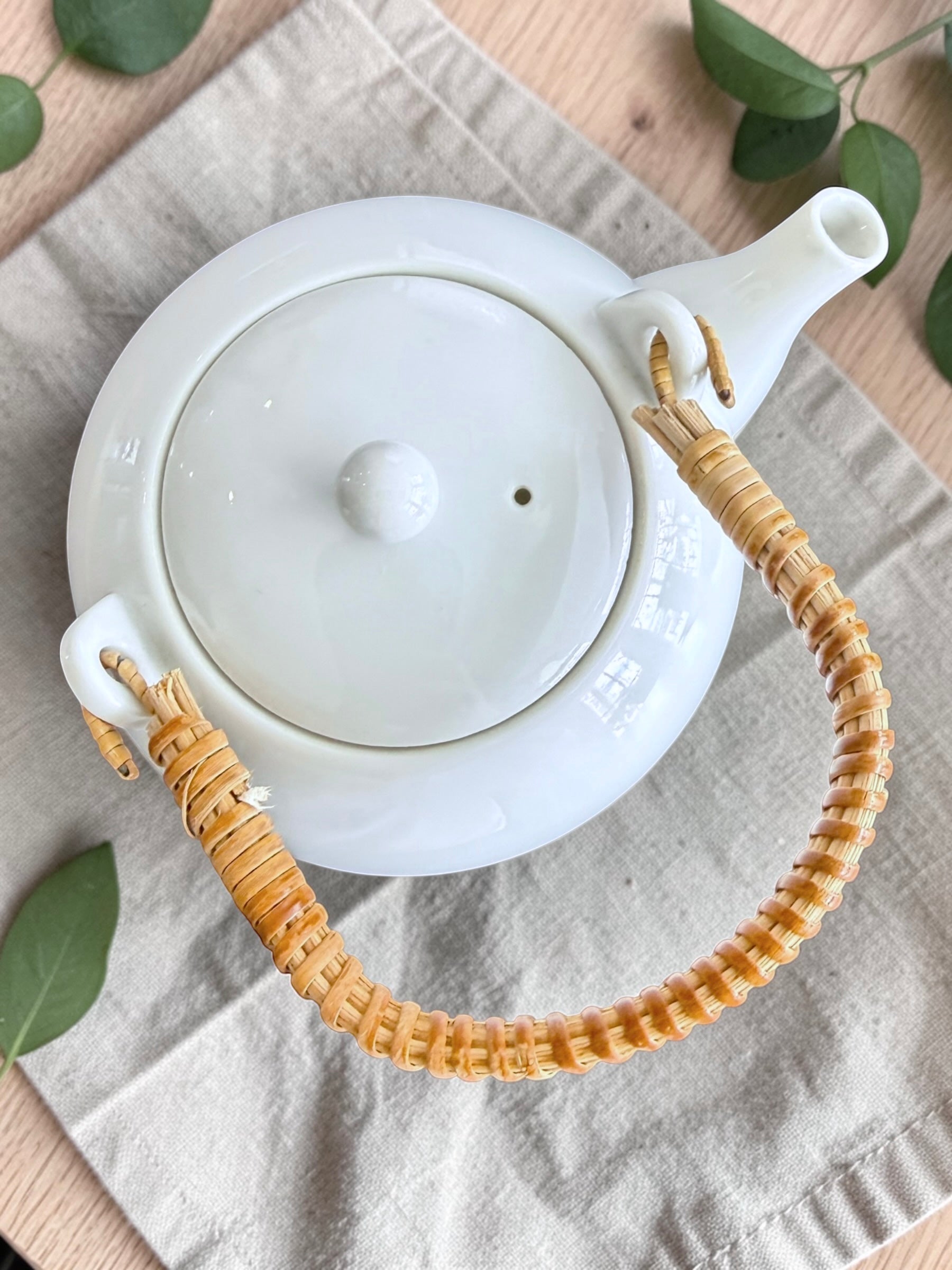 Vintage Teapot - White with Rattan Handle (Unknown)