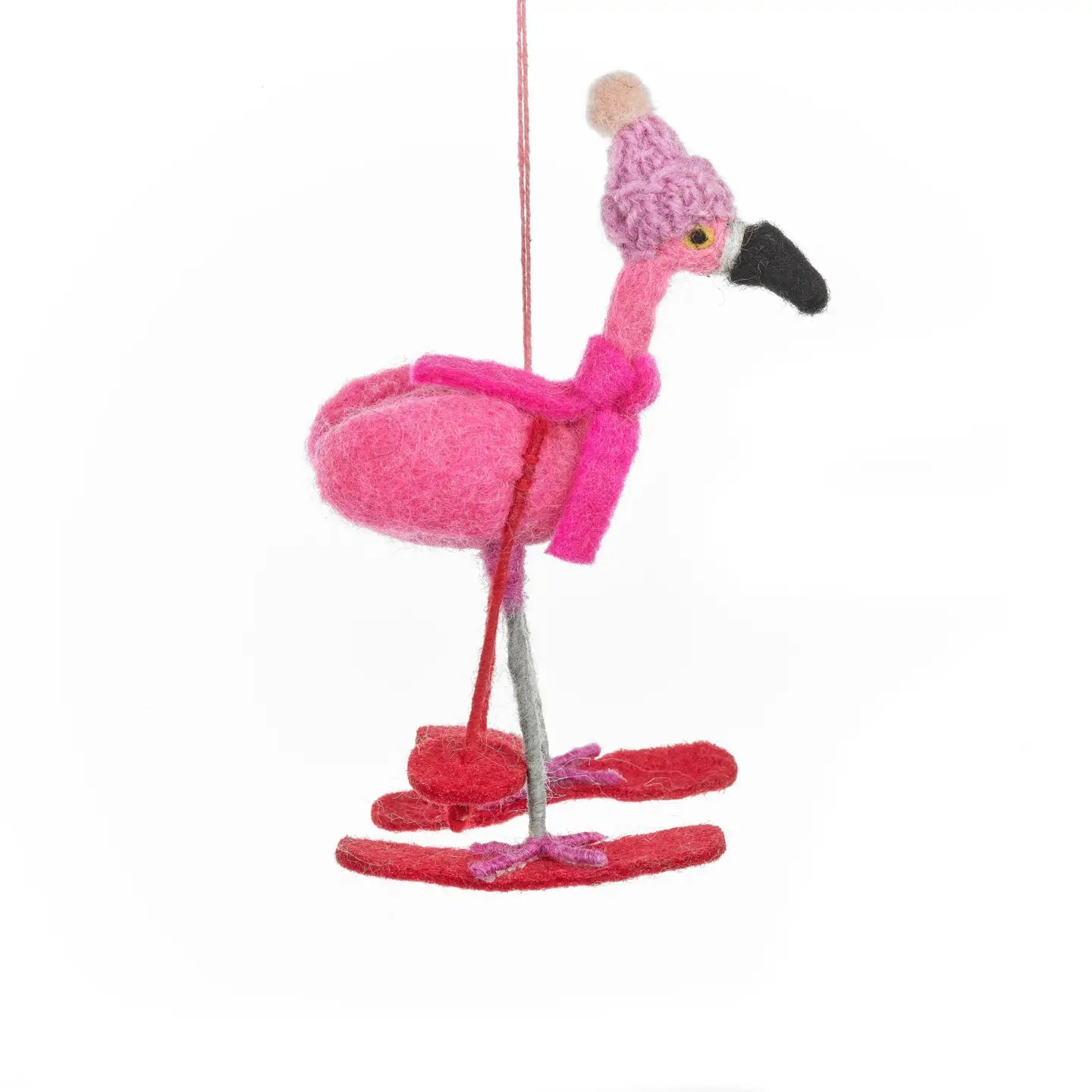 Handmade Felt Ornament - Skiing Flamingo
