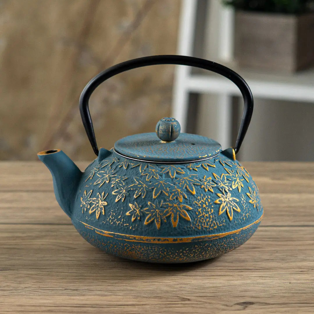 40oz Cast Iron Tea Pot Turquoise Maple Leaves
