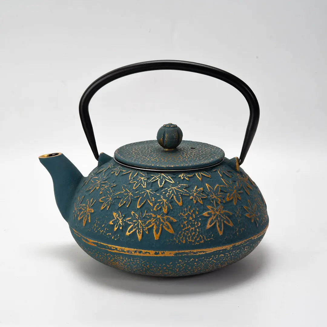 40oz Cast Iron Tea Pot Turquoise Maple Leaves