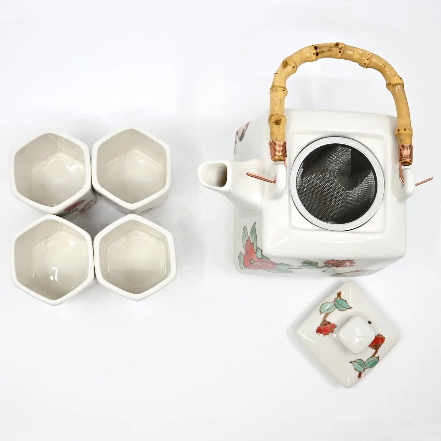 Twin Sparrows Tsubaki Tea Set (Teapot with 4 Cups)