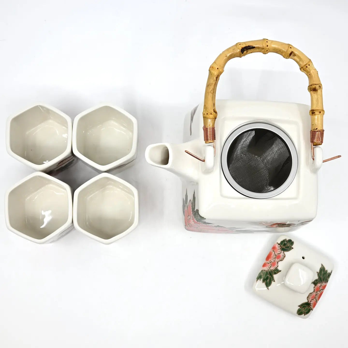Twin Sparrows Peony Tea Set (Teapot with 4 Cups)