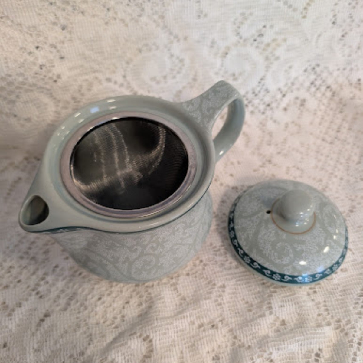 Vintage Chinese Celadon Green Floral Teapot with Metal Strainer