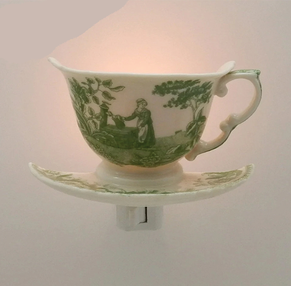 Green English Toile Teacup Nightlight