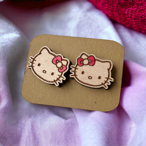 Wood Earrings - Hello Kitty (Pink Bow)