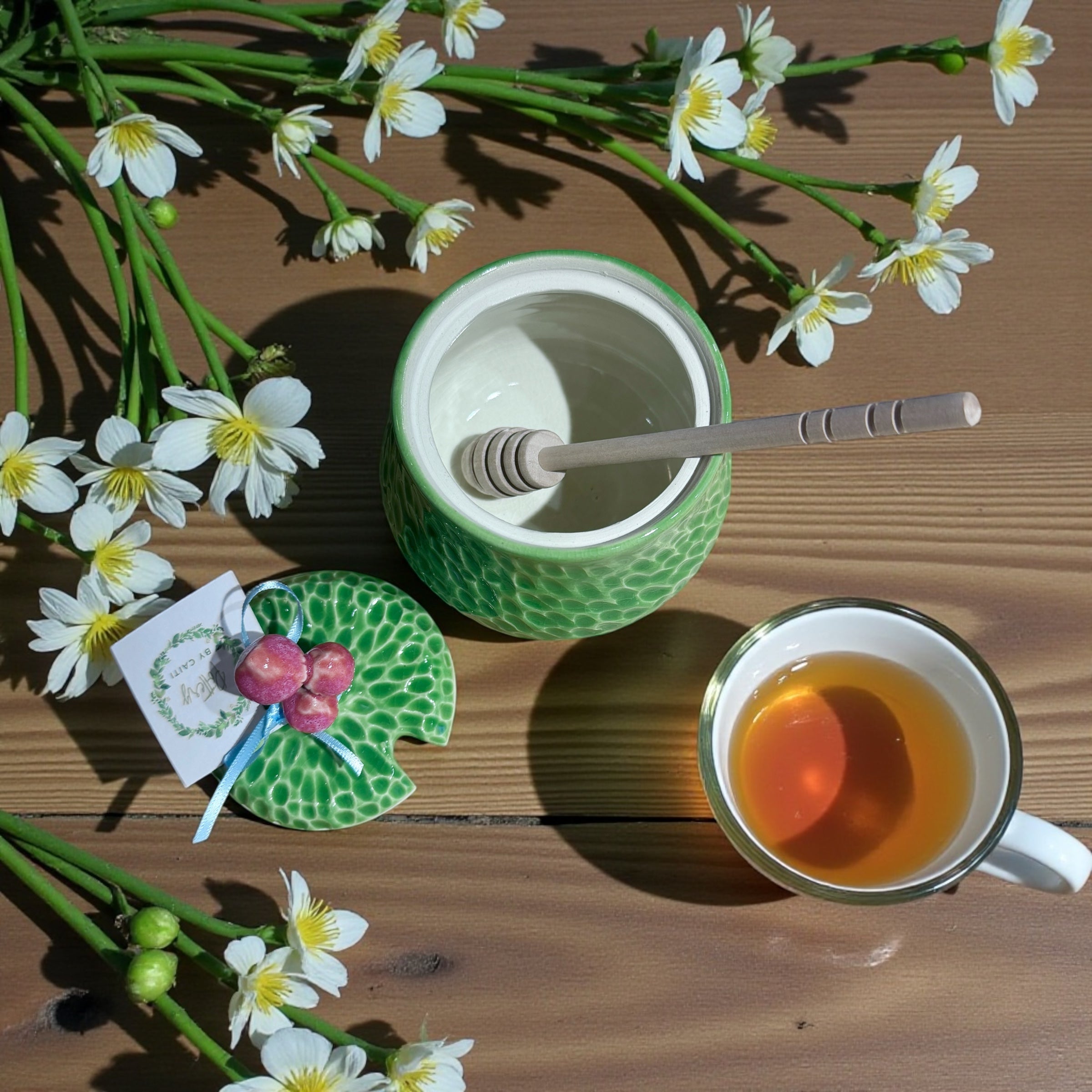 Pottery by Caiti - Honey Pot (Green with Red Mushrooms)