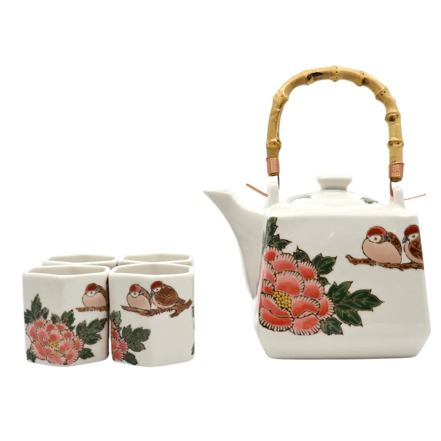 Twin Sparrows Peony Tea Set (Teapot with 4 Cups)
