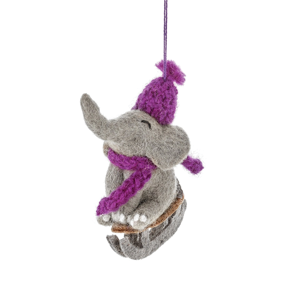 Handmade Felt Ornament - Sledding Elephant Ellie