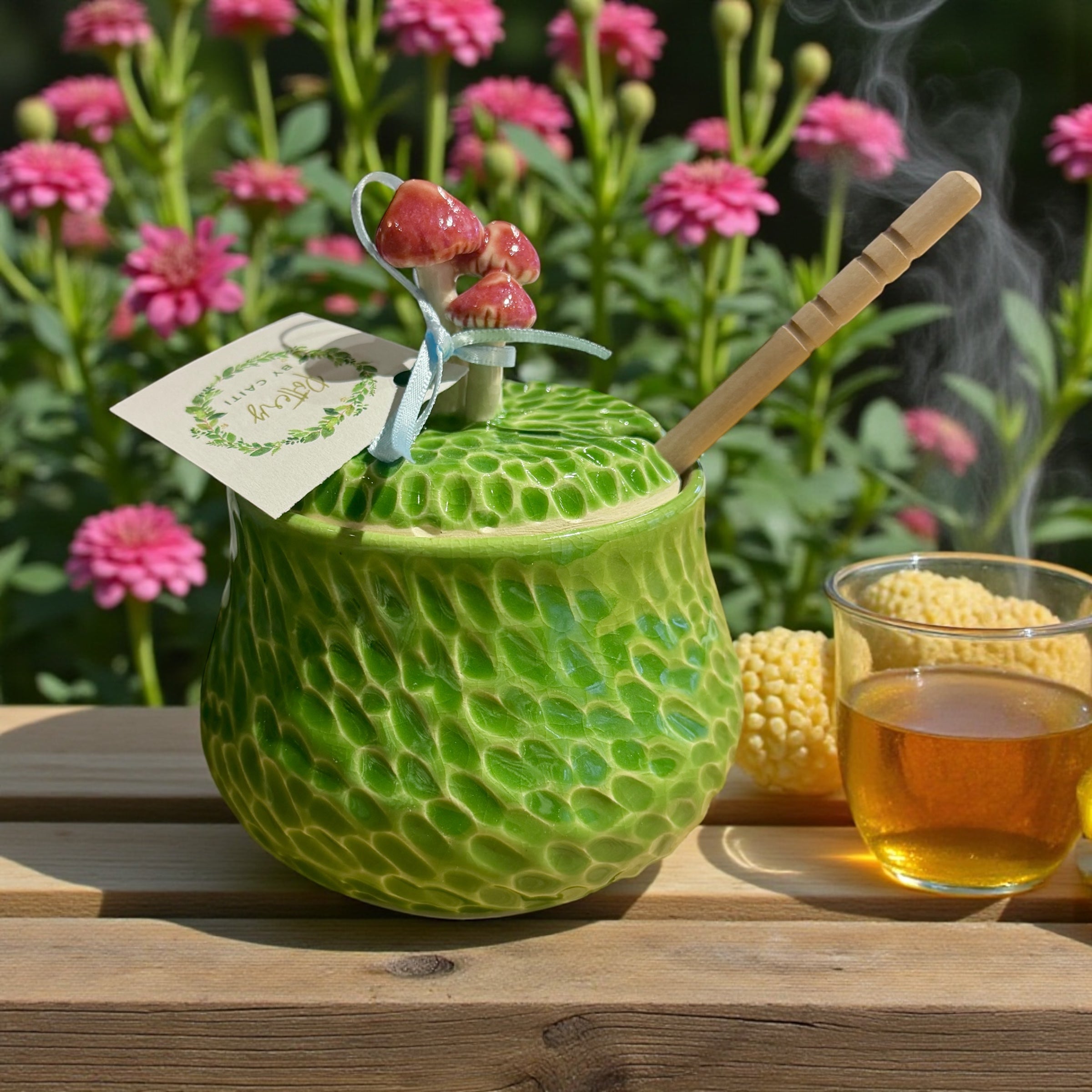 Pottery by Caiti - Honey Pot (Green with Red Mushrooms)