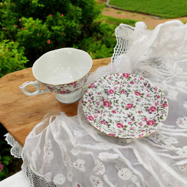 Vintage Mug & Saucer - Rose Chintz Music Box (Lefton, Japan)