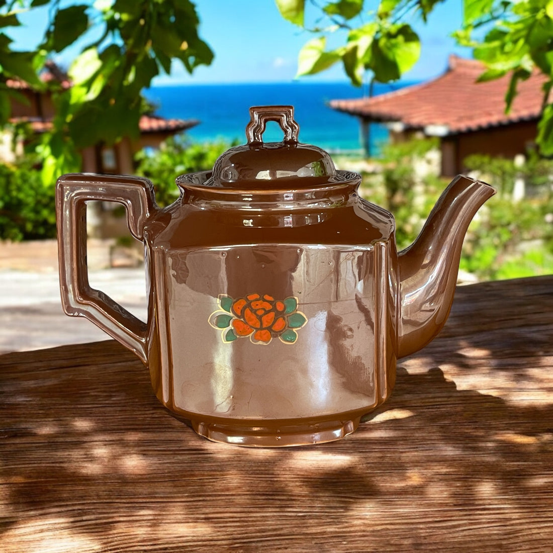 Vintage Teapot - Brown with Hand Painted Floral (Japan)