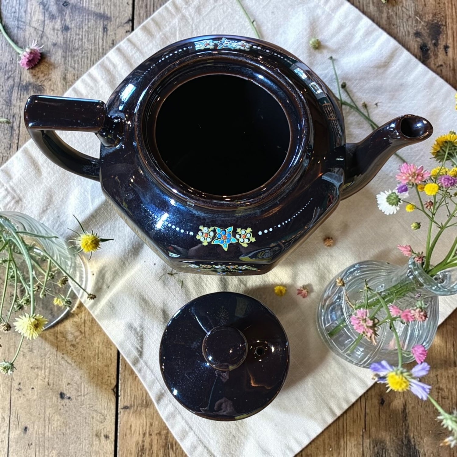 Vintage Teapot - Deep Brown with Floral