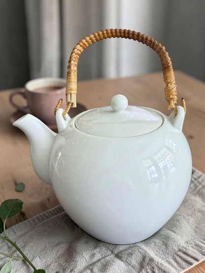 Vintage Teapot - White with Rattan Handle (Unknown)