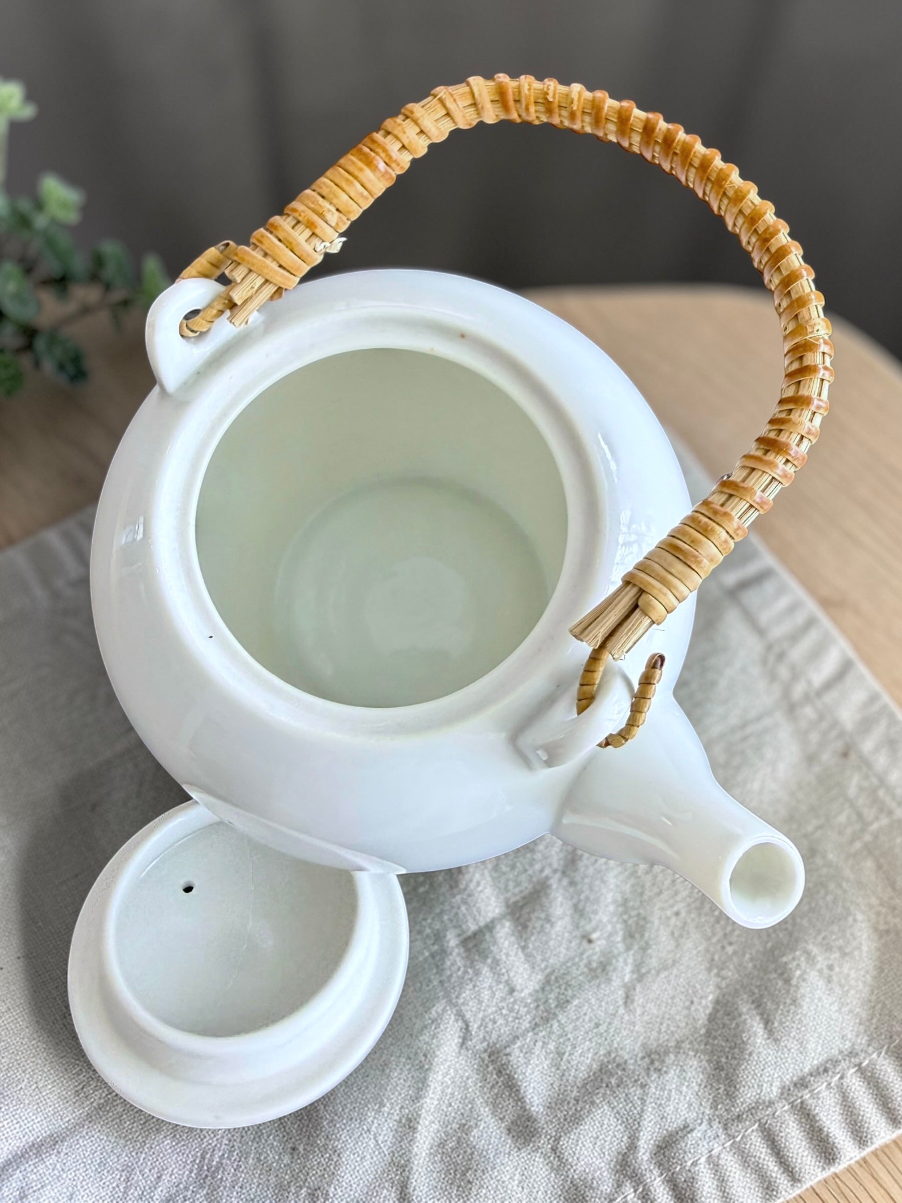 Vintage Teapot - White with Rattan Handle (Unknown)