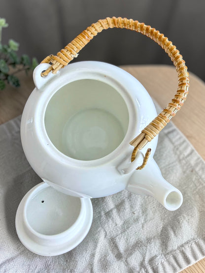 Vintage Teapot - White with Rattan Handle (Unknown)