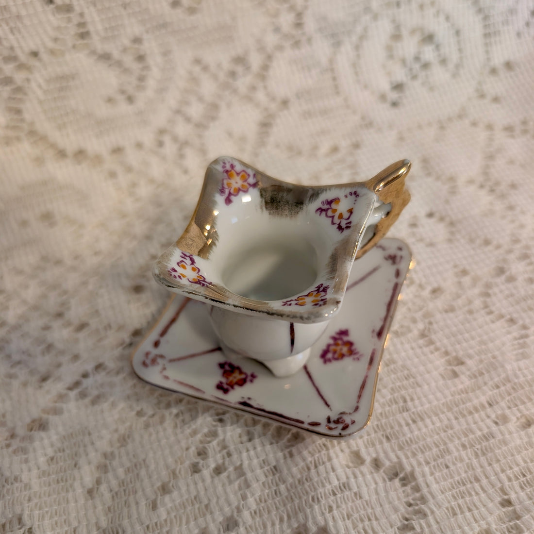 Vintage Teacup &amp; Saucer - Miniature Porcelain - Floral Gold Luster
