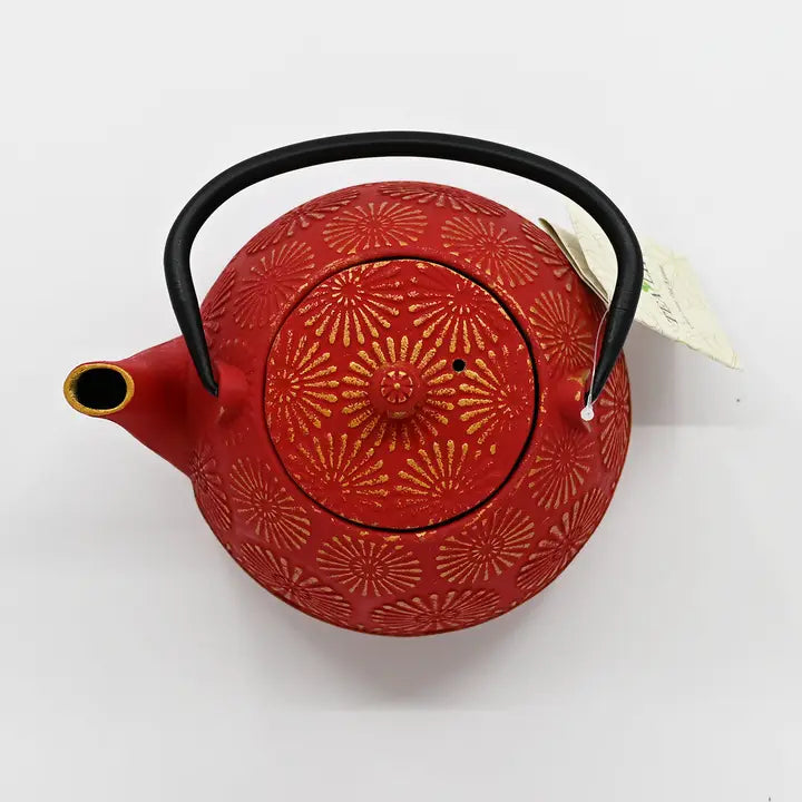 40oz Cast Iron Tea Pot Red Kiku Chrysanthemum