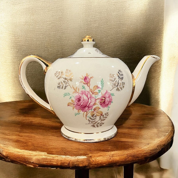 Vintage Teapot - Ferns & Pink Roses (Sadler, England)
