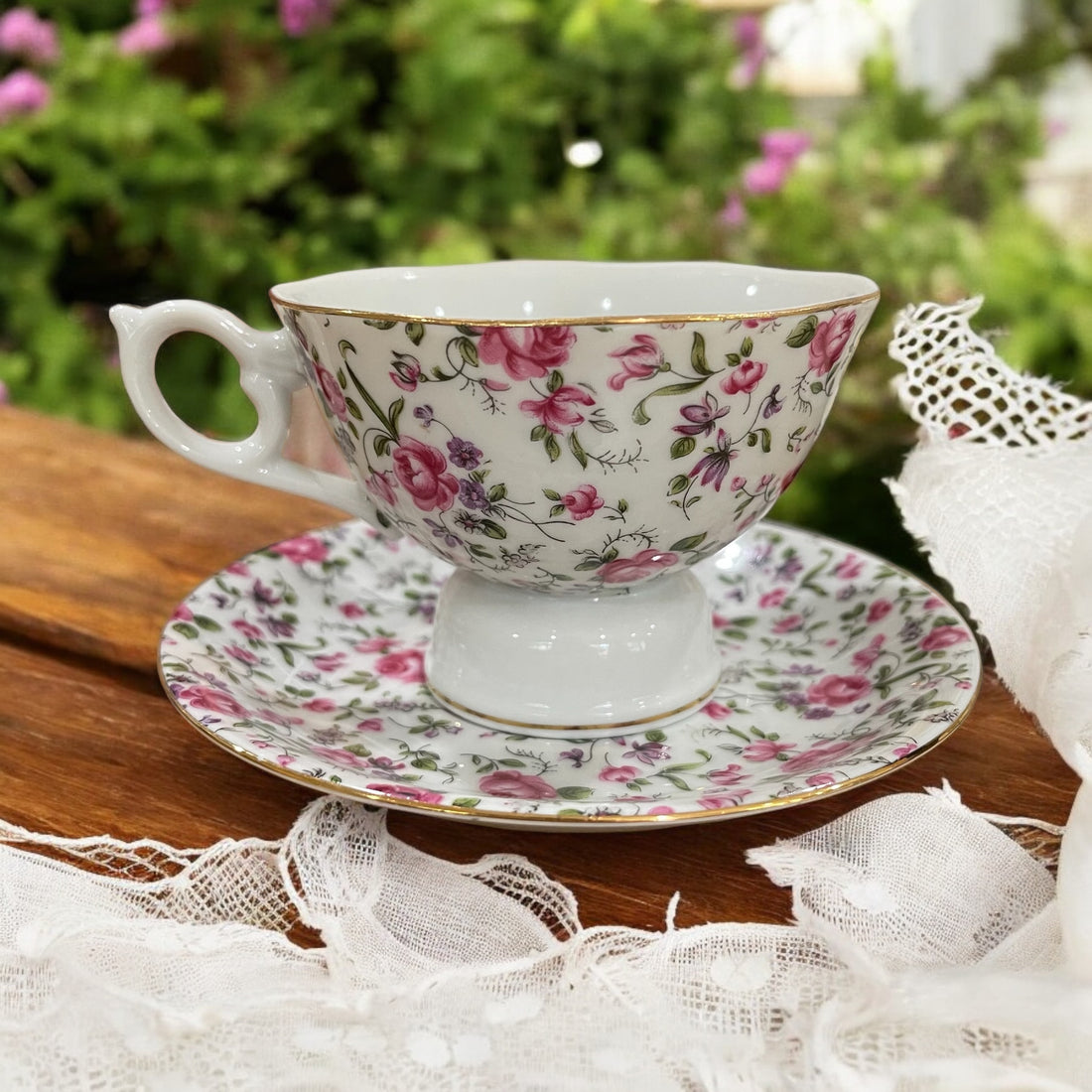 Vintage Mug &amp; Saucer - Rose Chintz Music Box (Lefton, Japan)