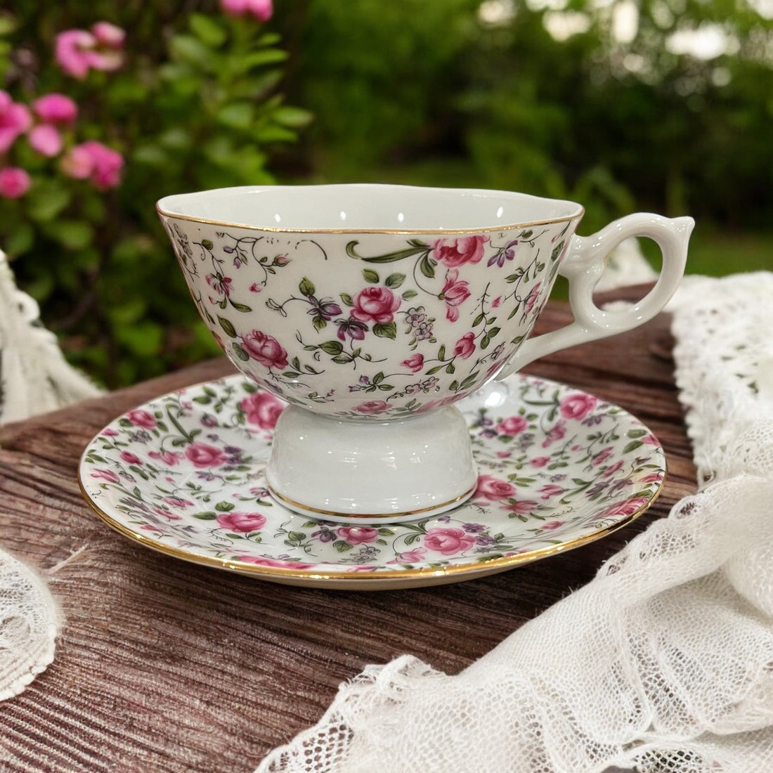 Vintage Mug &amp; Saucer - Rose Chintz Music Box (Lefton, Japan)