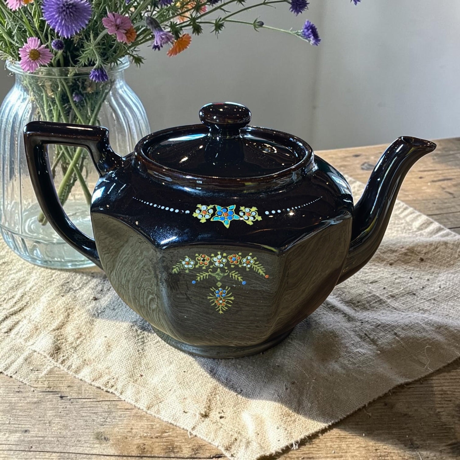 Vintage Teapot - Deep Brown with Floral