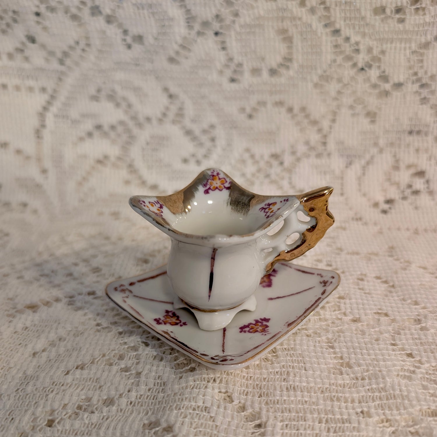 Vintage Teacup &amp; Saucer - Miniature Porcelain - Floral Gold Luster