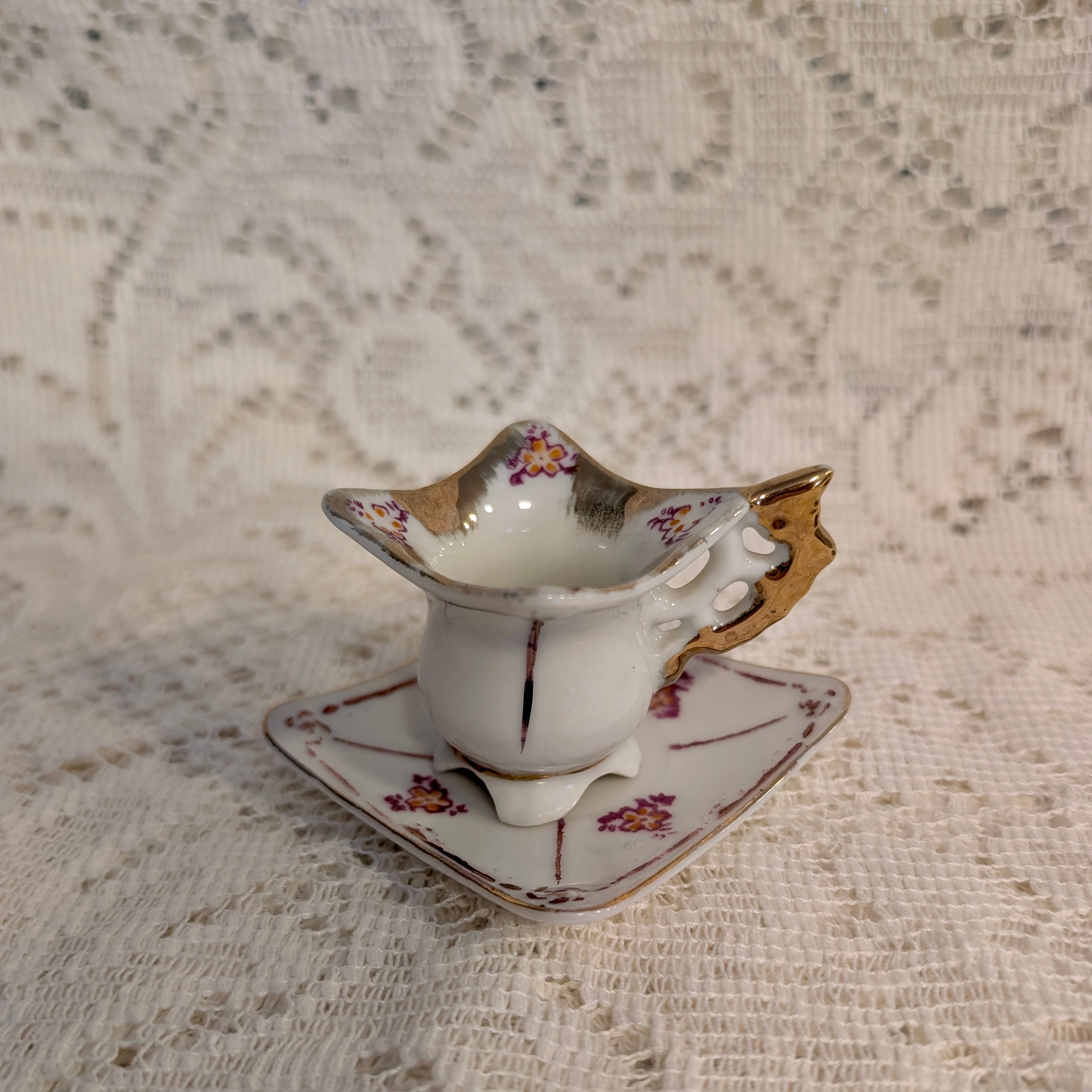 Vintage Teacup &amp; Saucer - Miniature Porcelain - Floral Gold Luster