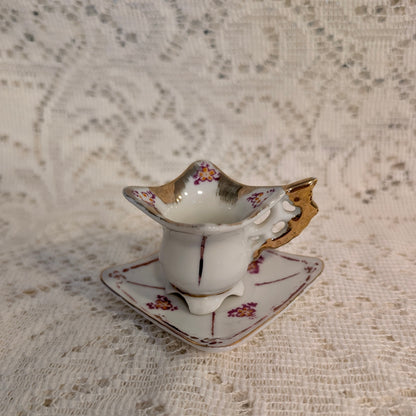 Vintage Teacup &amp; Saucer - Miniature Porcelain - Floral Gold Luster