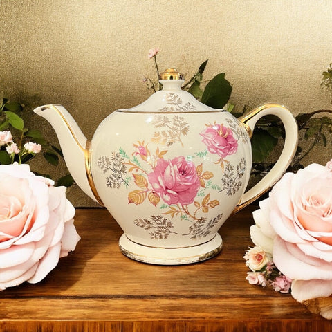 Vintage Teapot - Ferns & Pink Roses (Sadler, England)
