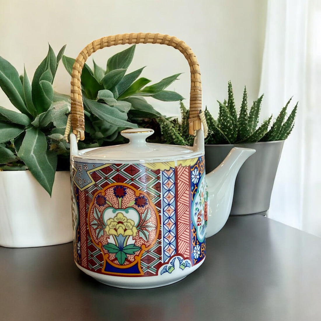Vintage Teapot - Gold-Trimmed Garden/Bamboo Handle (Imari Ware, Japan)