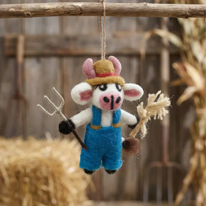 Handmade Felt Ornament - Angus the Cow Farmer