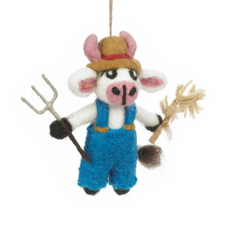 Handmade Felt Ornament - Angus the Cow Farmer