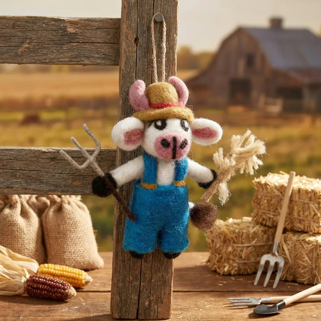 Handmade Felt Ornament - Angus the Cow Farmer