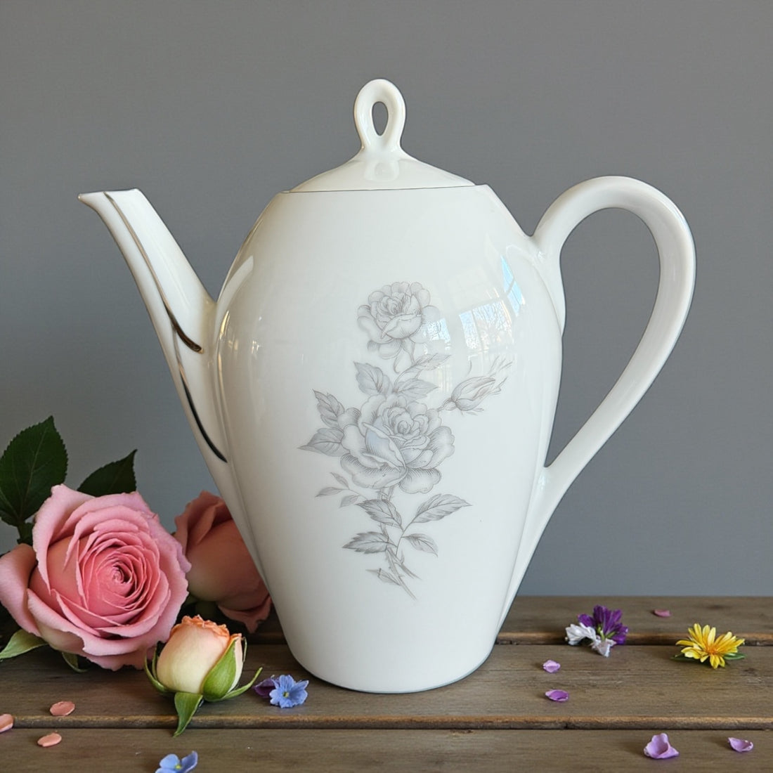 Vintage Teapot - White with Gray Flowers (KPM, Germany)