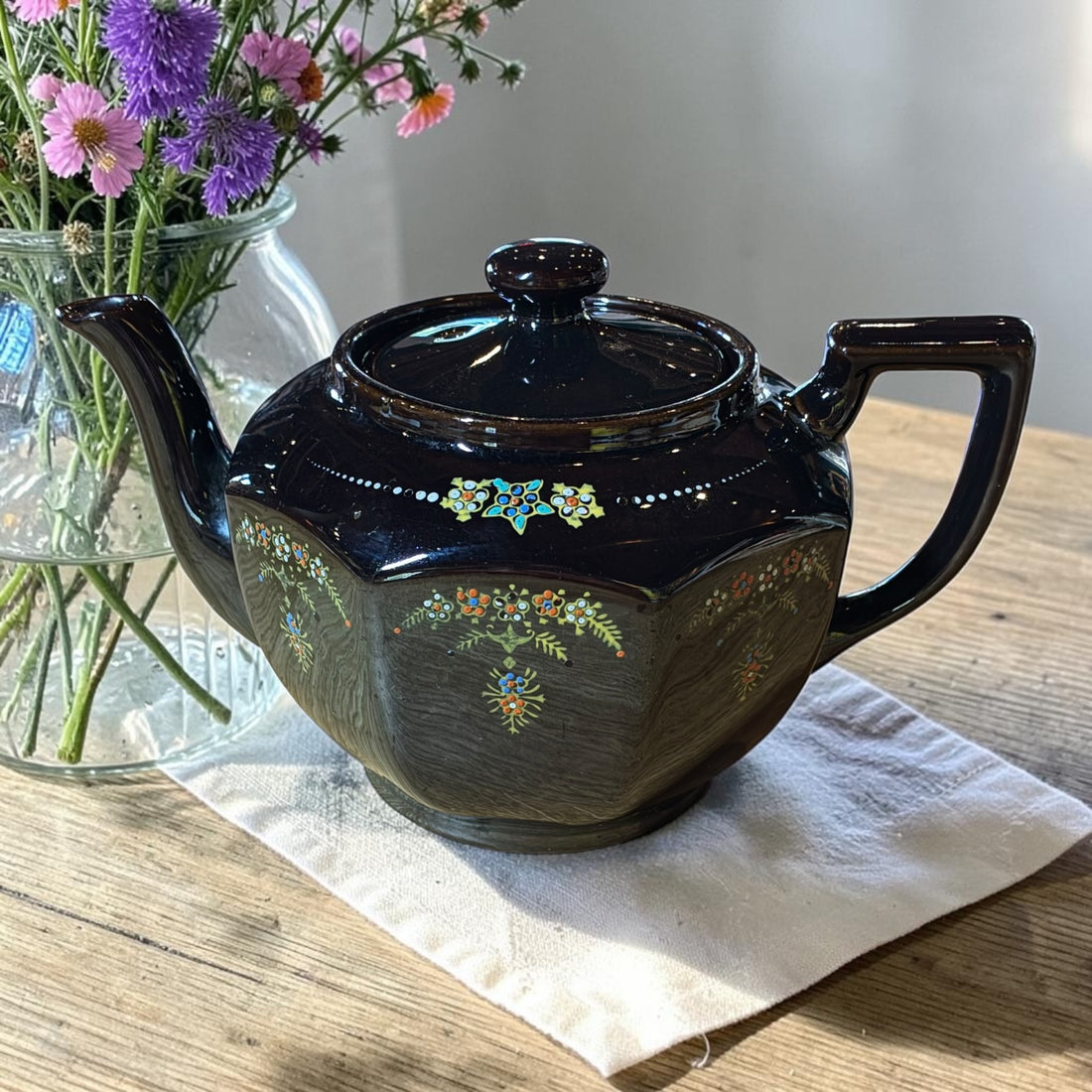 Vintage Teapot - Deep Brown with Floral