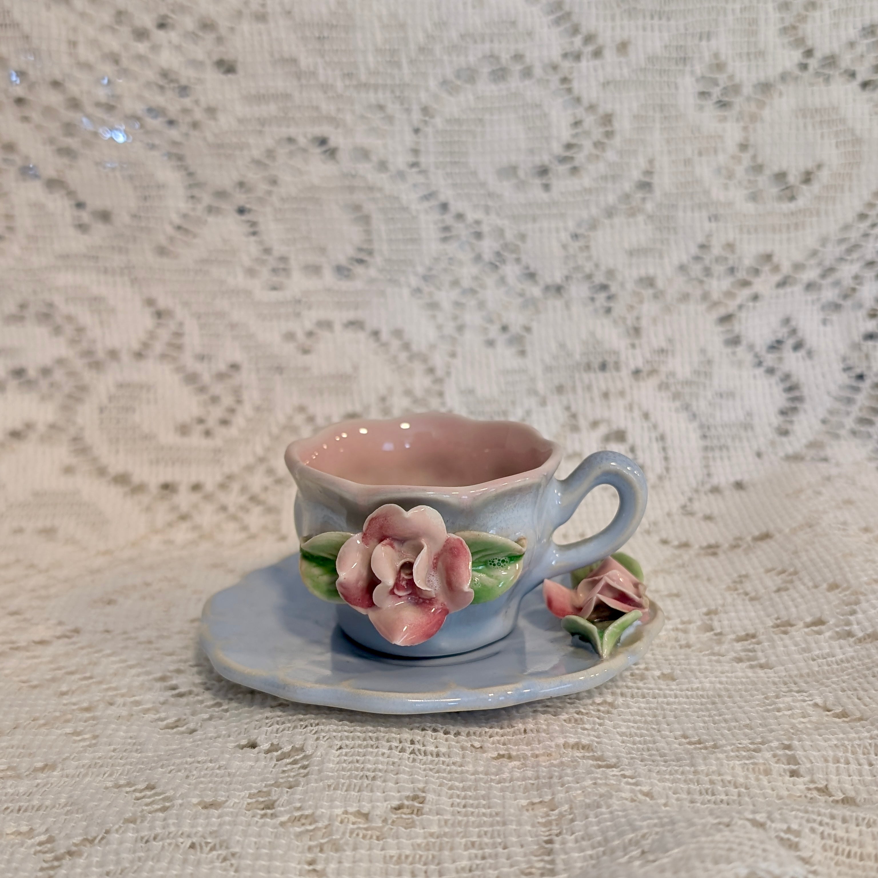 Vintage Teacup &amp; Saucer - Miniature Blue &amp; Pink Floral