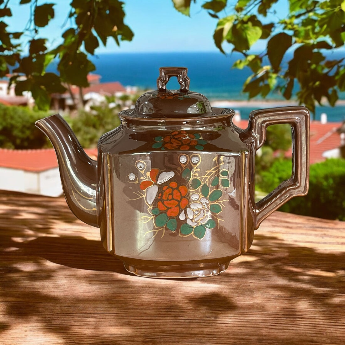 Vintage Teapot - Brown with Hand Painted Floral (Japan)