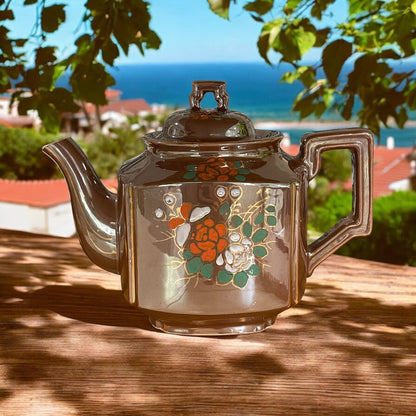 Vintage Teapot - Brown with Hand Painted Floral (Japan)