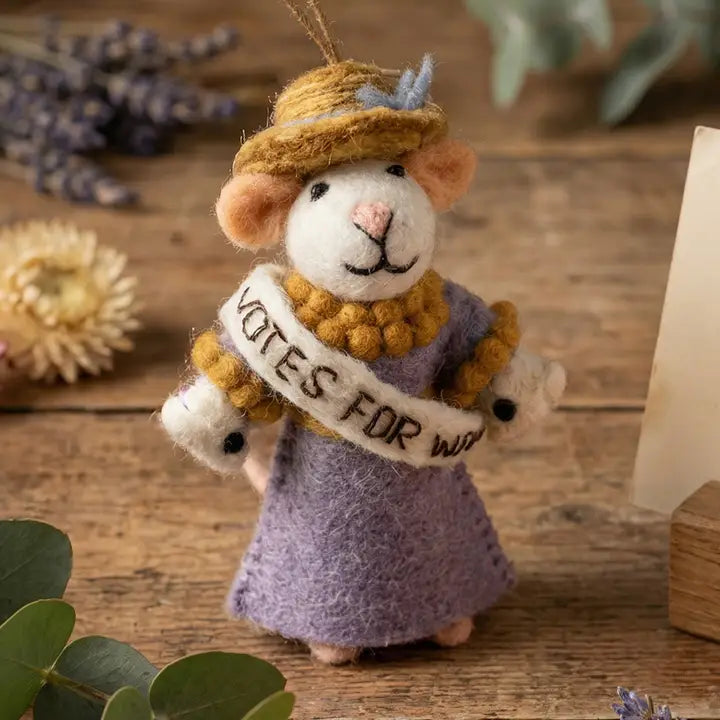 Handmade Felt Ornament - Emmeline the Suffragette Mouse