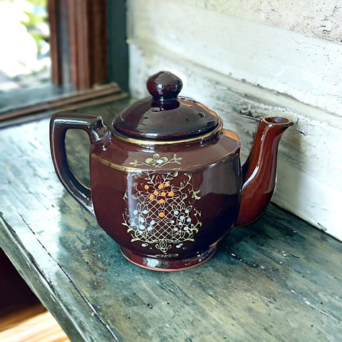 Vintage Teapot - Brown with Hand Painted Flowers (Redware, Japan, 1940s)