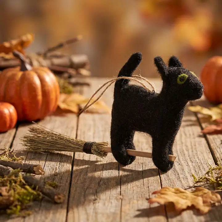 Handmade Felt Ornament - Flying Black Cat
