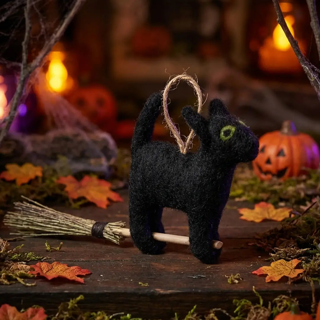 Handmade Felt Ornament - Flying Black Cat