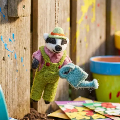 Handmade Felt Ornament - Gus the Gardening Badger