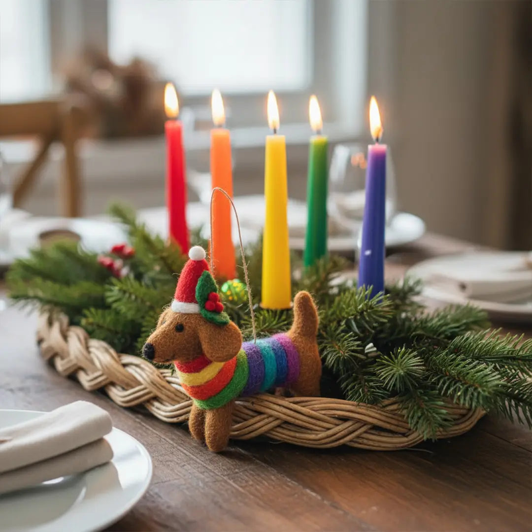 Handmade Felt Ornament - Rainbow Dog