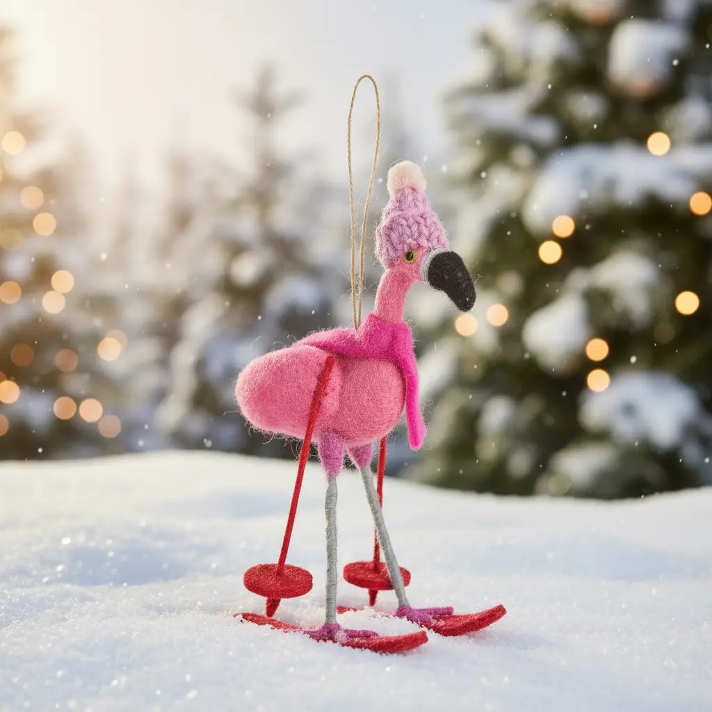 Handmade Felt Ornament - Skiing Flamingo