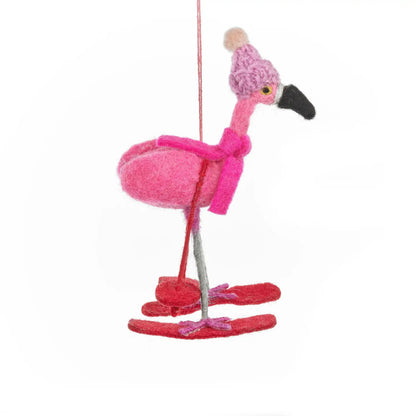 Handmade Felt Ornament - Skiing Flamingo
