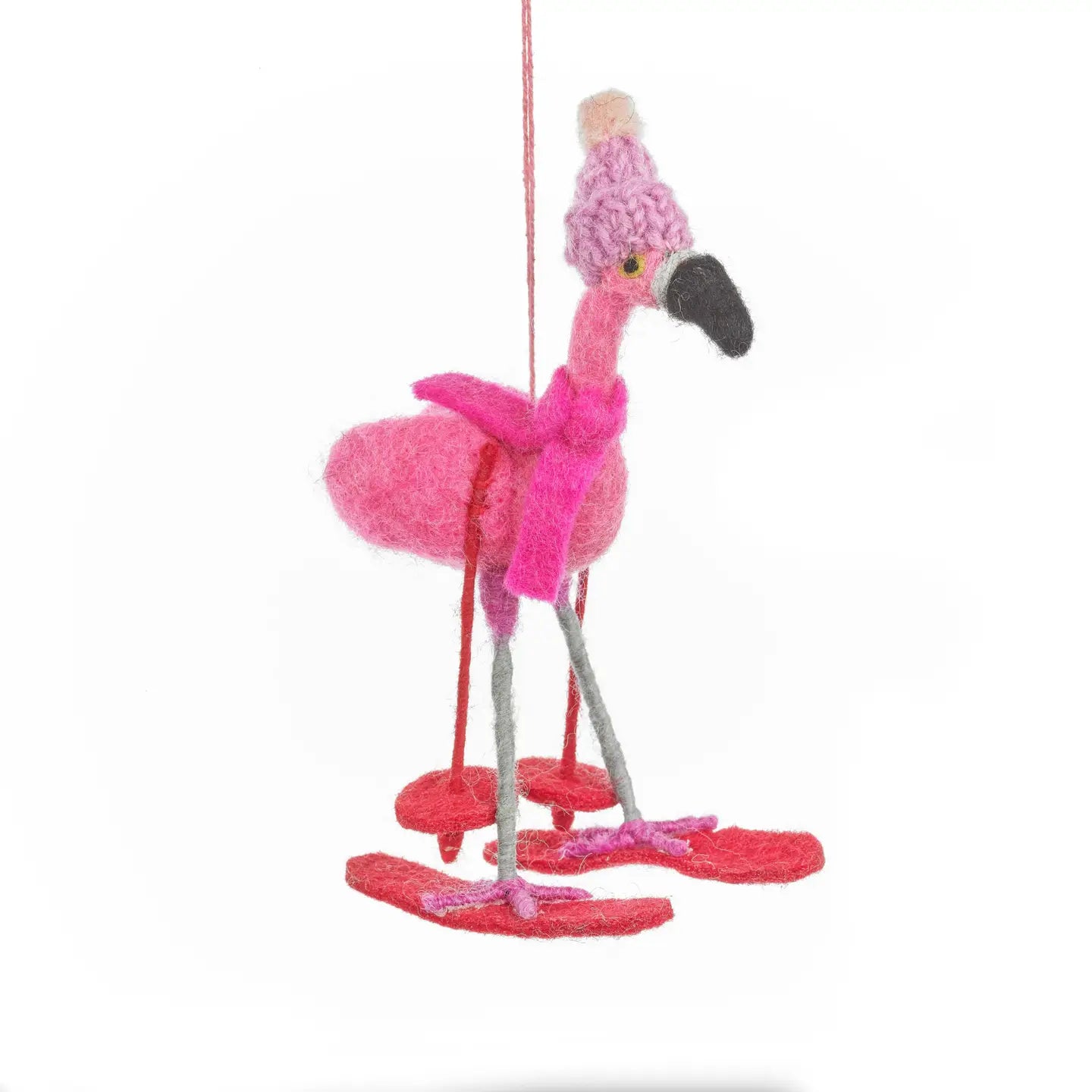 Handmade Felt Ornament - Skiing Flamingo